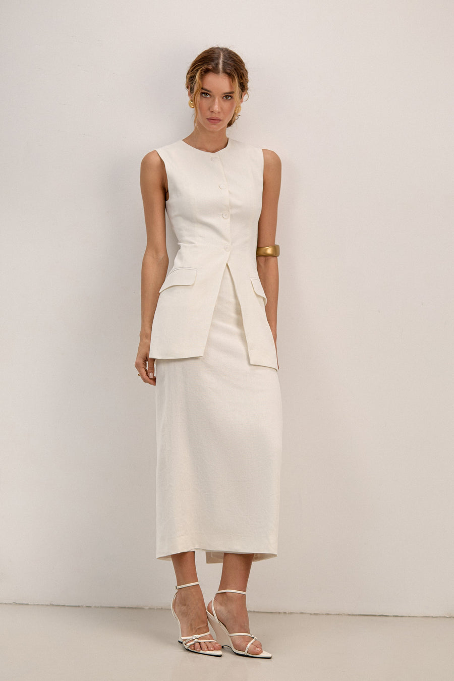 White Linen Long Vest Lina