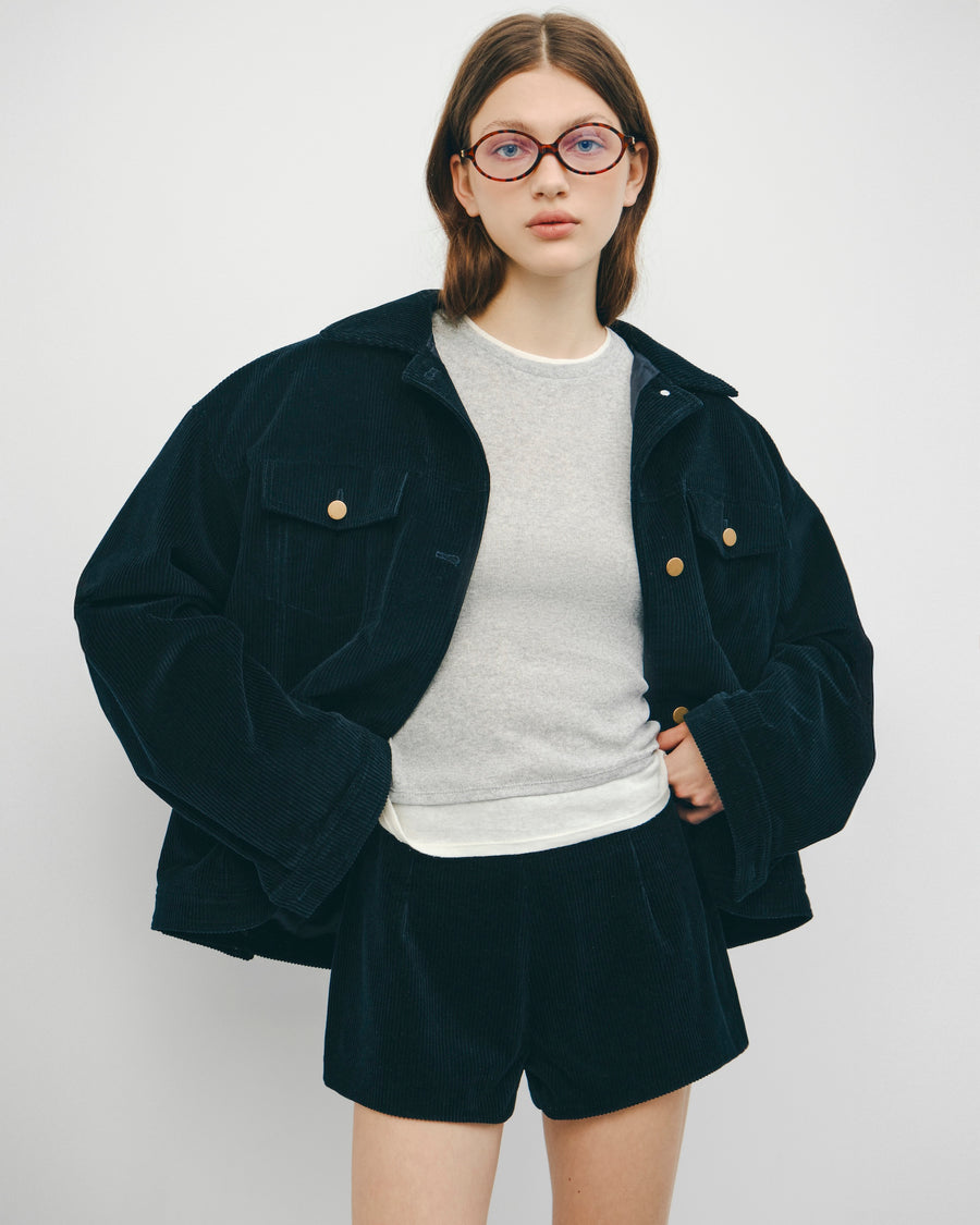 Padded dark blue corduroy jacket