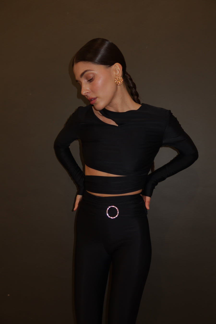 Stretch fabric top with extended sleeves