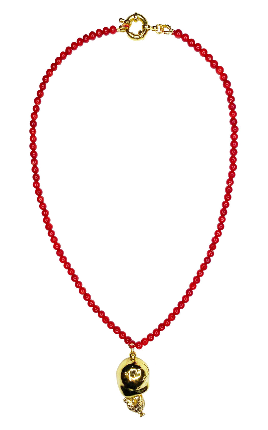 Coral and golden pearl amulette necklace