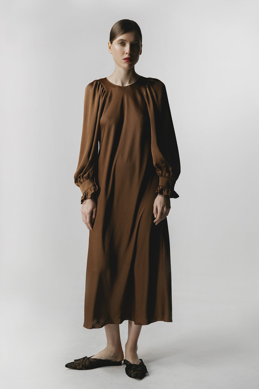Brown Satin Midi Dress